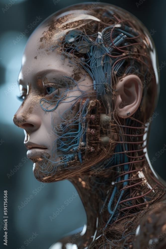 illustration of head, symbiosis of human body and artificial intelligence illustration of head, symbiosis of human body and artificial intelligence