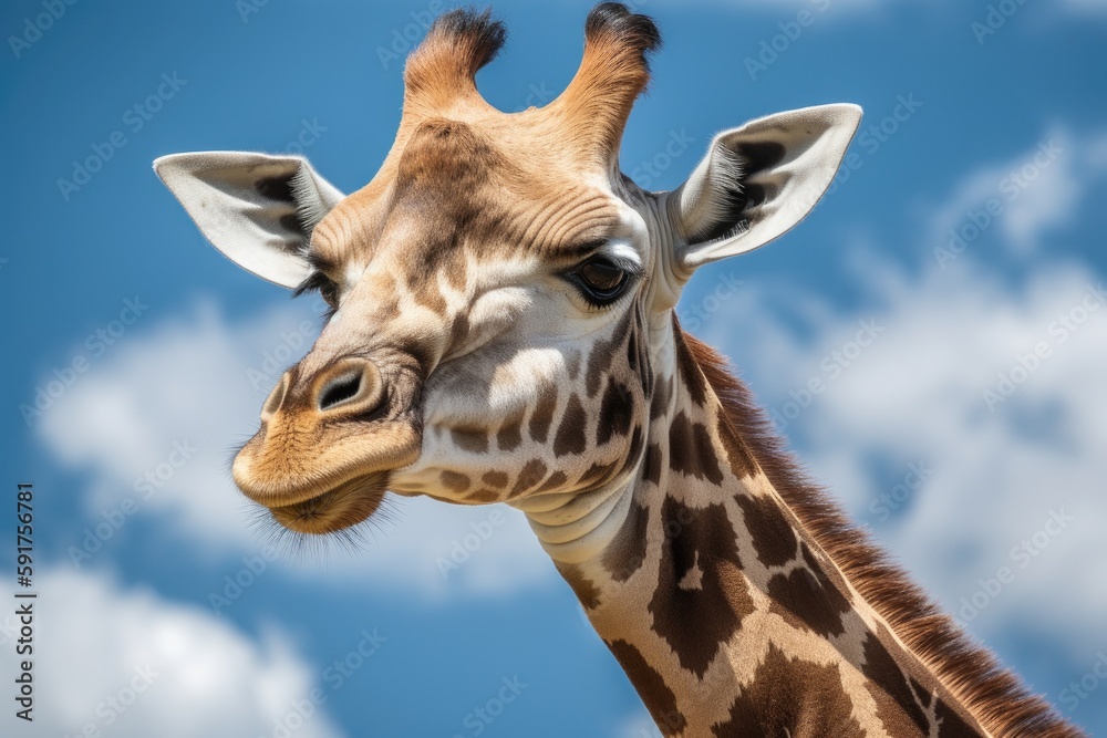 Fototapeta premium Giraffe Against Sky Blue Background. Generative AI