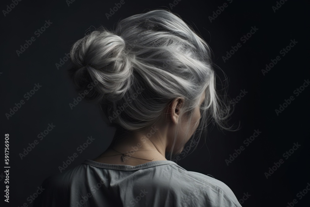Silvergrey Hair In Messy Bun Back View. Generative AI