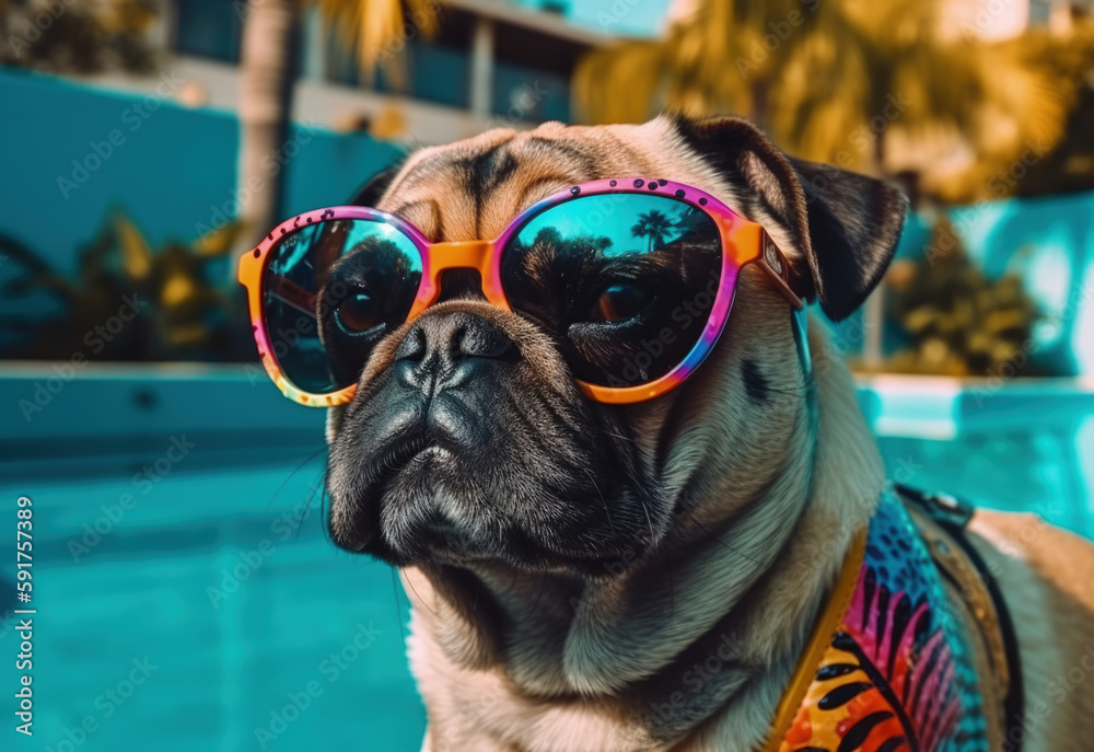 Summer sun cool pug dog relaxing at the palm tree backyard swimming pool wearing sunglasses and having some serious fun all alone at owners Los Angeles mansion, adorable face portrait - Generative AI