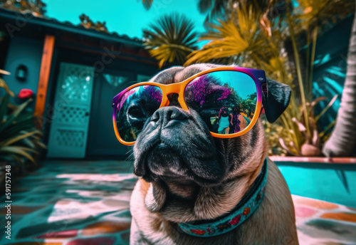 Summer sun cool pug dog relaxing at the palm tree backyard swimming pool wearing sunglasses and having some serious fun all alone at owners Los Angeles mansion  adorable face portrait - Generative AI