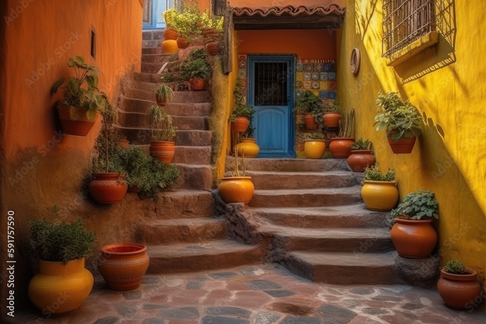 The Colourful Steps Of Yellow Street Filled With Pots With Plants. Generative AI