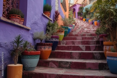The Colourful Steps Of Lavender Street Filled With Pots With Flowers. Generative AI © Anastasiia