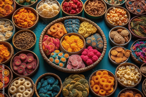 Traditional Indian Snacks Arranged In Colorful Pattern. Generative AI photo