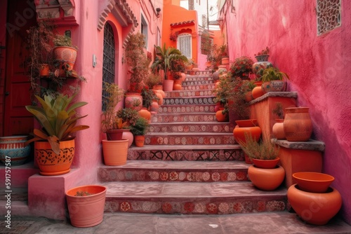 The Colourful Steps Of Neon Pink Street Filled With Pots With Plants. Generative AI © Anastasiia
