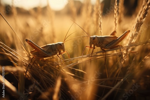 Two Crickets Rest In Field Full Of Tall Grass Of Golden Light. Generative AI photo