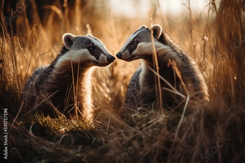 Two Badgers Rest In Field Full Of Tall Grass Of Golden Light. Generative AI