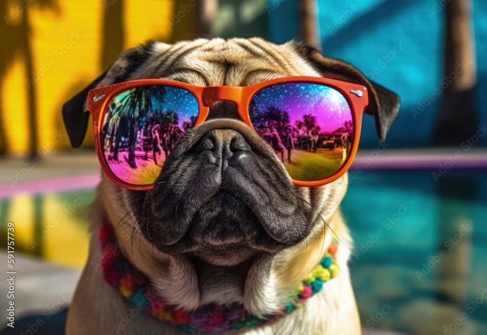 Summer sun cool pug dog relaxing at the palm tree backyard swimming pool wearing sunglasses and having some serious fun all alone at owners Los Angeles mansion, adorable face portrait - Generative AI