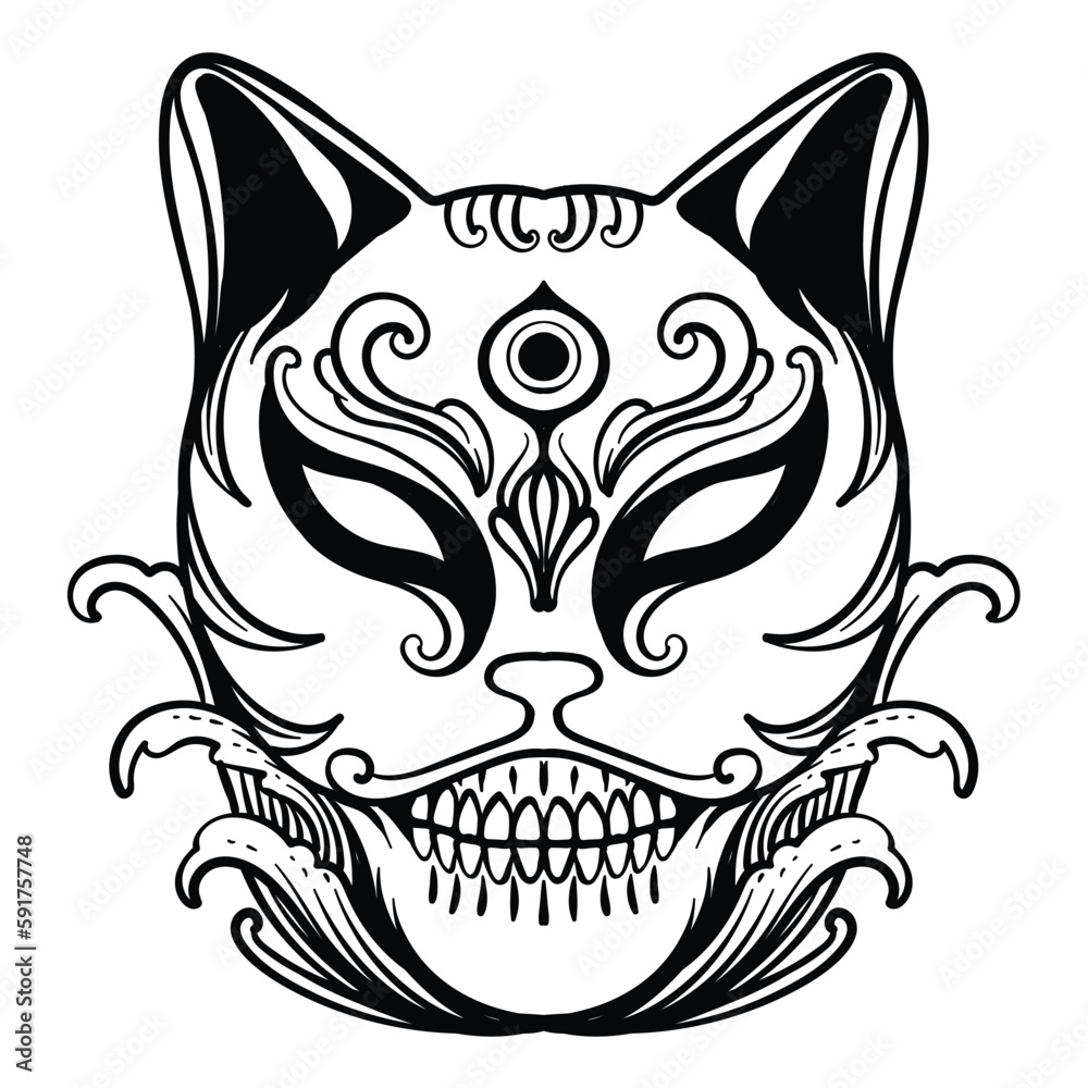 tattoo design kitsune mask line art blackand white