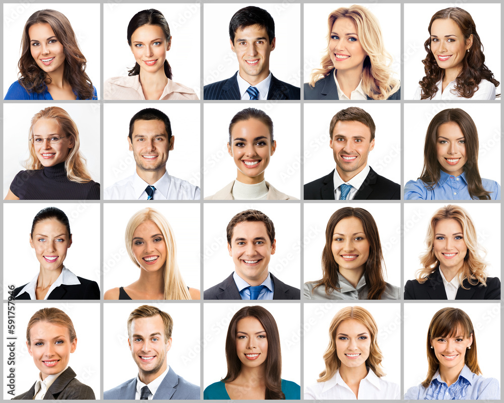 Collection collage set image - face portraits ethnically diverse and mixed age group, many different businesspeople professionals, confident men, women, employee executive, isolated white background. Collection collage set image - face portraits ethnically diverse and mixed age group, many different businesspeople professionals, confident men, women, employee executive, isolated white background.
