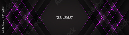 3D black techno abstract background overlap layer on dark space with purple light line effect decoration. Modern graphic design element cutout style concept for banner, flyer, card, or brochure cover