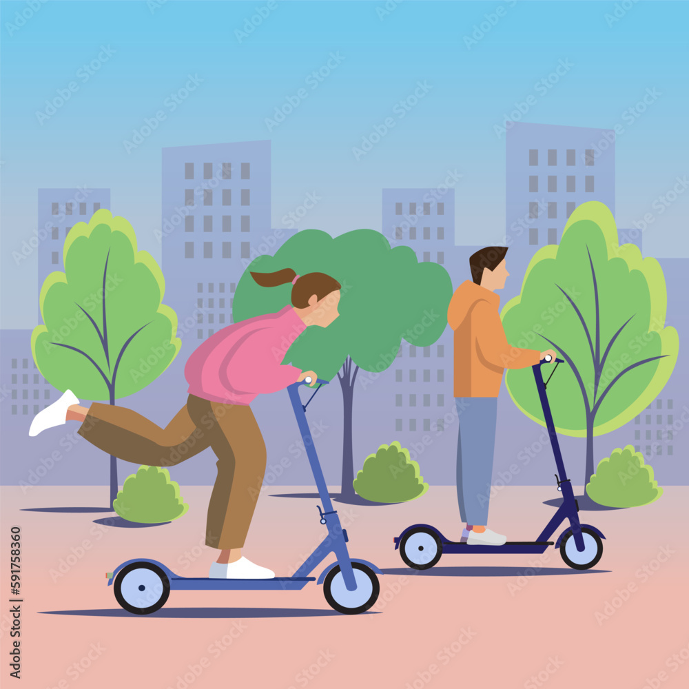 Young woman and young man riding push scooters in the city flat vector illustration Young woman and young man riding push scooters in the city flat vector illustration