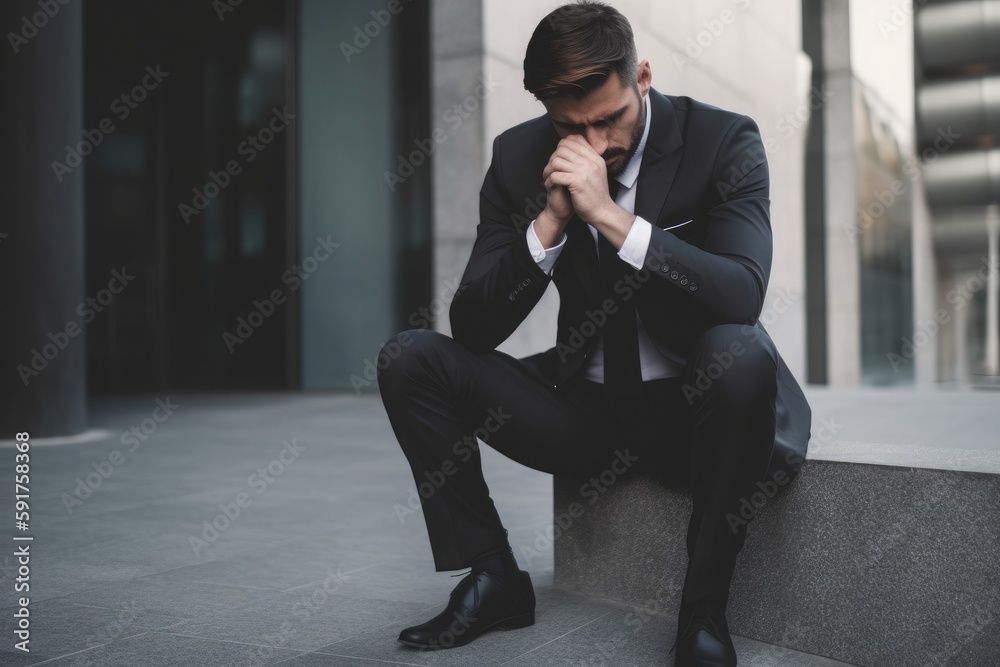 man in suit stress and unemployment. thinking alone sitting on stairs, Generative AI	
	
