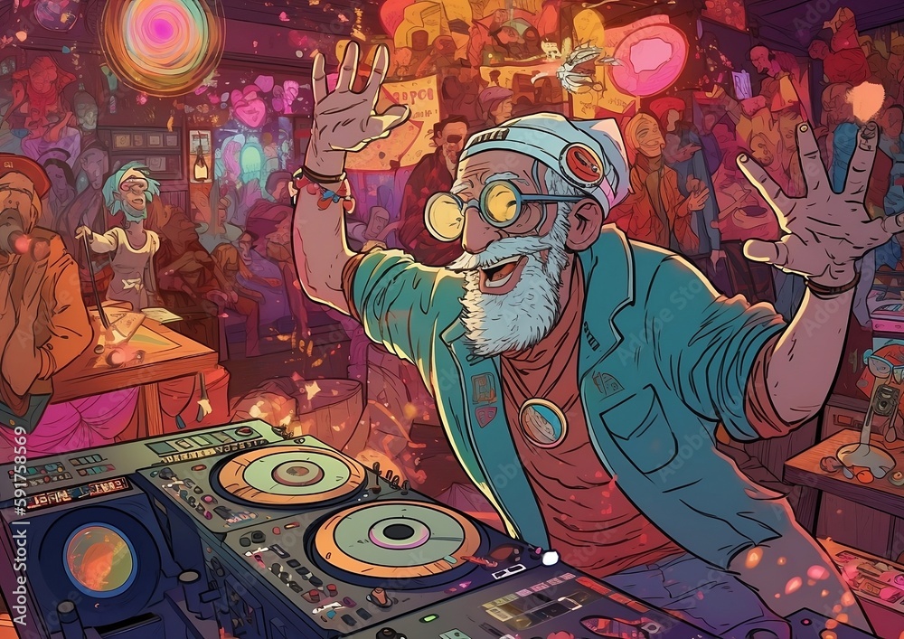 Jolly old man DJ in glasses and cap. Party in very bright colors. Generative AI image.