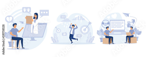 Mental health concept,  Psychologist service, anxiety, social interaction skills, family psychology, children therapy, panic attack, set flat vector modern illustration