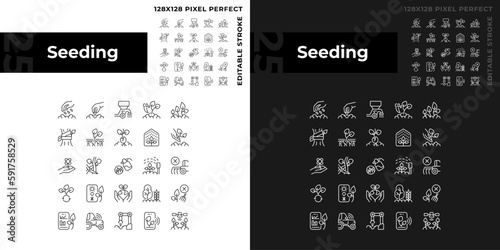 Seeding linear icons set for dark, light mode. Agricultural industry. Gardening business. Growing plants. Field sowing. Thin line symbols for night, day theme. Isolated illustrations. Editable stroke