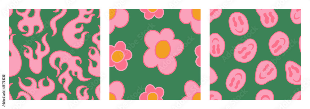 1970 Groovy Pattern Pack: Fire, Daisy, Smile in Vintage Green, Pink, Yellow  Colors. Vector Hippie Aesthetic. Flat Design. Trendy Graphic Cover, T-shirt, Sticker, Wallpaper, Social media.