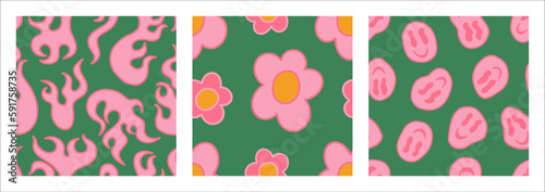 1970 Groovy Pattern Pack: Fire, Daisy, Smile in Vintage Green, Pink, Yellow  Colors. Vector Hippie Aesthetic. Flat Design. Trendy Graphic Cover, T-shirt, Sticker, Wallpaper, Social media.