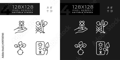 Horticulture linear icons set for dark, light mode. Plant breeding. Floriculture industry. Ornamental gardening. Thin line symbols for night, day theme. Isolated illustrations. Editable stroke