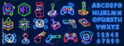 Games time neon text with gamepad. Technology and entertainment concept. Advertisement design.