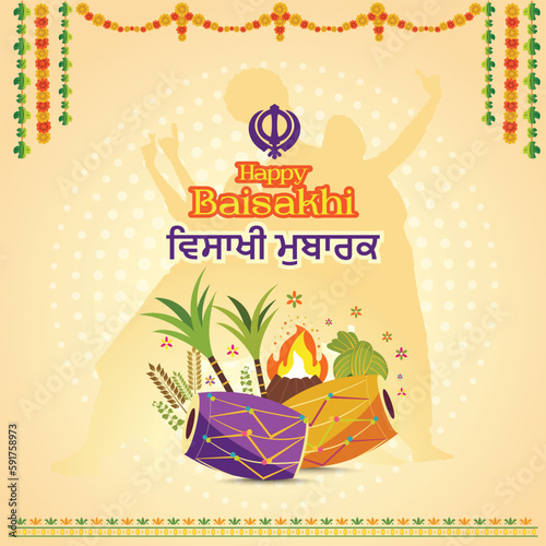 Happy Baisakhi in English and Punjabi Language Typography, Baisakhi Festival, Vaisakhi Celebrations, Social Media Design
