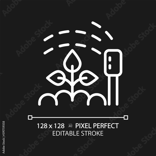 Watering white linear icon for dark theme. Smart irrigation. Sprinkler system. Garden device. Soil moisture. Growing plants. Thin line illustration. Isolated symbol for night mode. Editable stroke