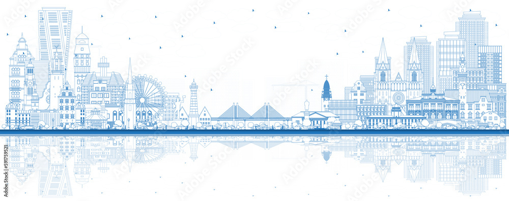 Welcome to Sweden. Outline City Skyline with Blue Buildings and Reflections. Welcome to Sweden. Outline City Skyline with Blue Buildings and Reflections.