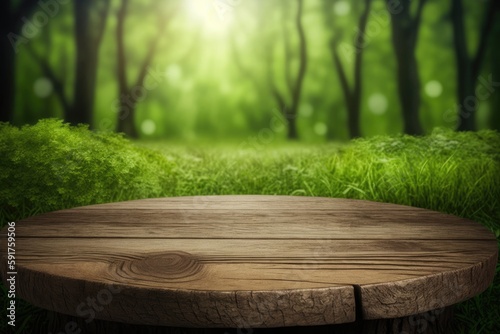 Beautiful spring background with green grass and trees. An empty wooden table in nature outdoors. Natural pattern with beauty bokeh and sunlight. Generative Ai