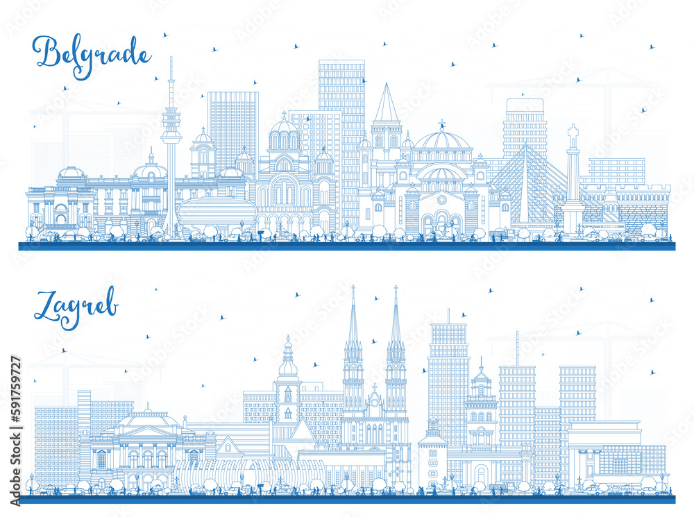 Outline Zagreb Croatia and Belgrade Serbia City Skyline Set with Blue Buildings. Cityscape with Landmarks. Outline Zagreb Croatia and Belgrade Serbia City Skyline Set with Blue Buildings. Cityscape with Landmarks.