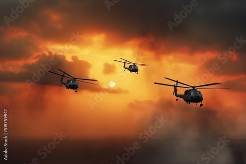 Illustrations of helicopters extinguishing a fire or working in a combat zone. Against the background of the sunset. Generative AI image © Nikita Vasilchenko