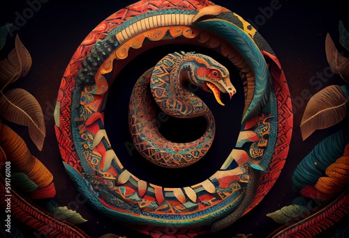 Illustration of a snake in a circle in Mayan and Aztec style. Volumetric design in bright colours in the indigenous style of Central American cultures. Generative AI