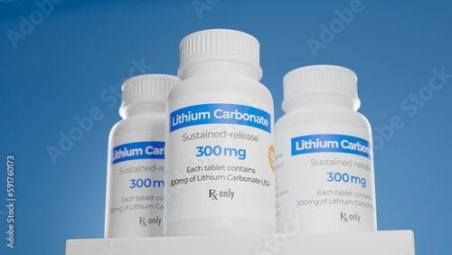 Lithium Carbonate tablets on blue background. Biopolar, depression, mood disorder treatment drug 3d rendering. photo