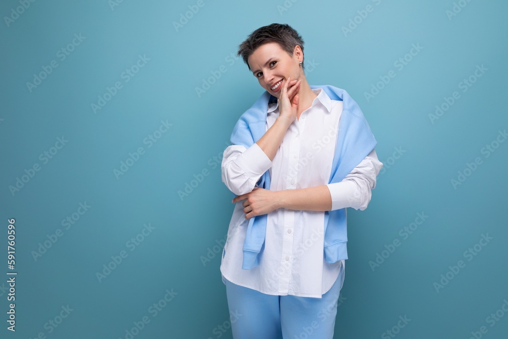 stylish young brunette woman with short haircut in white shirt stylish young brunette woman with short haircut in white shirt