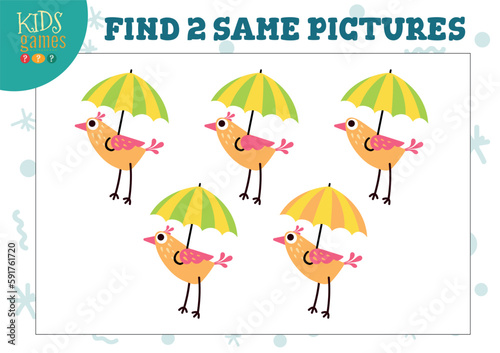 Find two same pictures kids puzzle vector illustration. Activity for preschool children