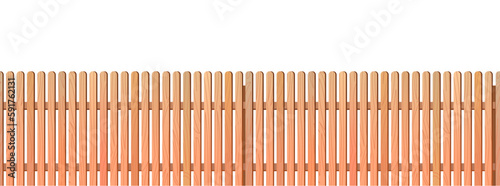 New unpainted wooden fence made of boards and picket fence. Horizontal seamless design. Isolated on white background Vector.