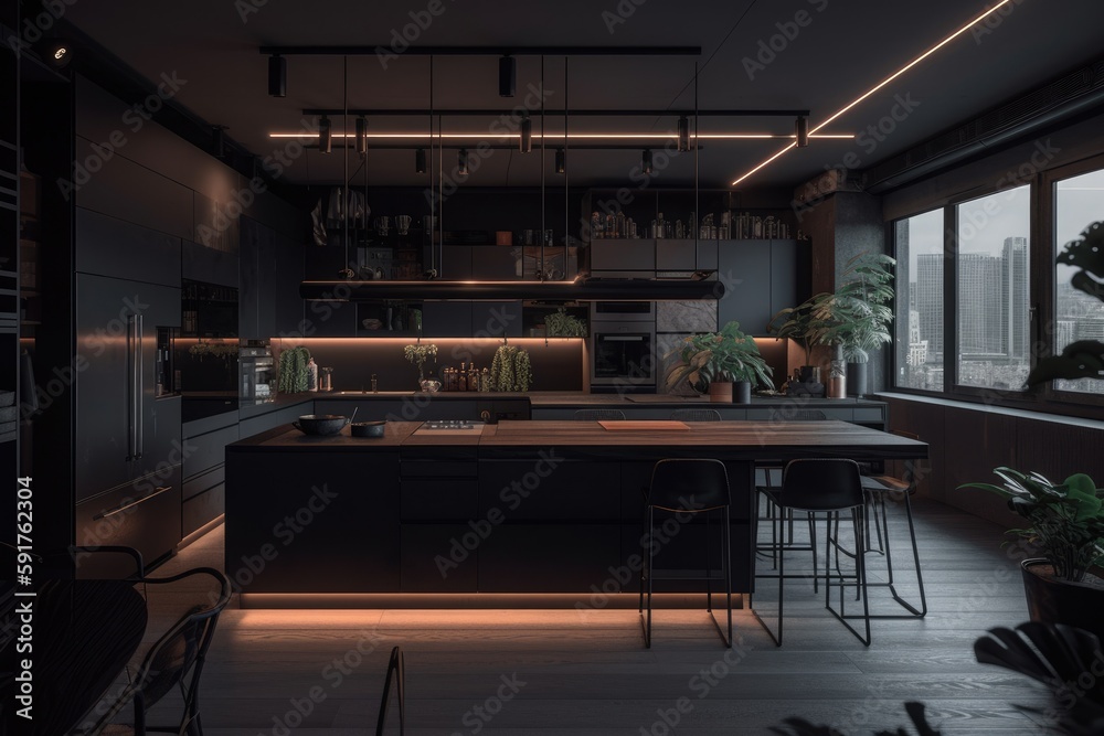 A modern, spacious apartment with a fashionable decor of a luxurious kitchen, LED lighting, an island for cooking and dining. Generative Ai