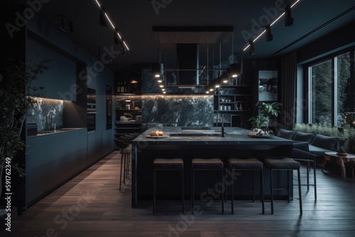 A modern, spacious apartment with a fashionable decor of a luxurious kitchen, LED lighting, an island for cooking and dining. Generative Ai