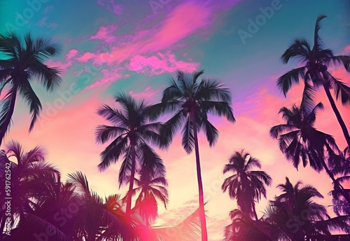 palm trees silhouette at sunset pink and orange tones  © Kodjovi