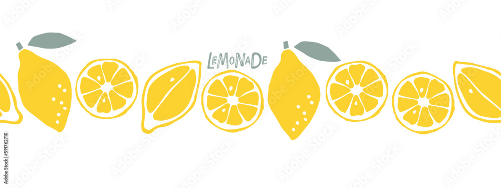 Seamless lemon border. Citrus fruits pattern on white background. Flat ...