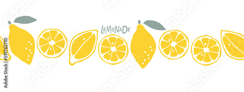 Seamless lemon border. Citrus fruits pattern on white background. Flat vector repeated isolated illustration For cafe menu, pack design, print design, poster, web banner. Seamless horizontal pattern.