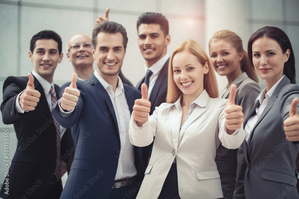 business, technology and office concept - smiling business team showing thumbs up, selective focus. Generative AI business, technology and office concept - smiling business team showing thumbs up, selective focus. Generative AI