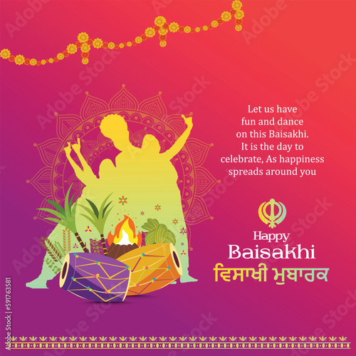 Happy Baisakhi in English and Punjabi Language Typography, Baisakhi Festival, Vaisakhi Celebrations, Social Media Design
