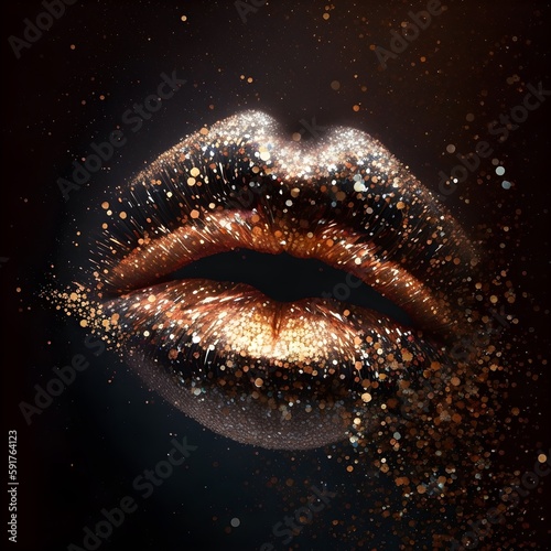 Close up party love Sparkling glittery lips on a human female woman - generative ai