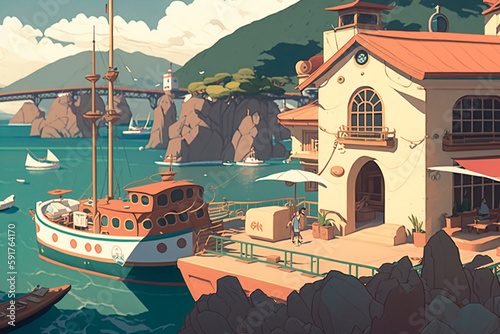 Illustration of a port with an anime-style ship, a boat at a dock in the ocean. Generative AI.