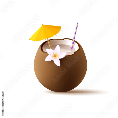 3d brown coconut cocktail with straw and umbrella and tropical flower, realistic render 3d illustration