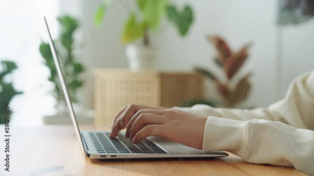 Hand of woman using a laptop computer, typing work at home in morning and sunlight, Close up of young women hand Hand of woman using a laptop computer, typing work at home in morning and sunlight, Close up of young women hand