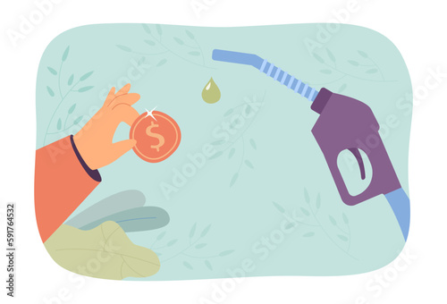 Gas pump nozzle and hand holding gold coin vector illustration. Cartoon drawing of driver paying for gasoline or petrol at gas station. Fuel, finances, transportation concept