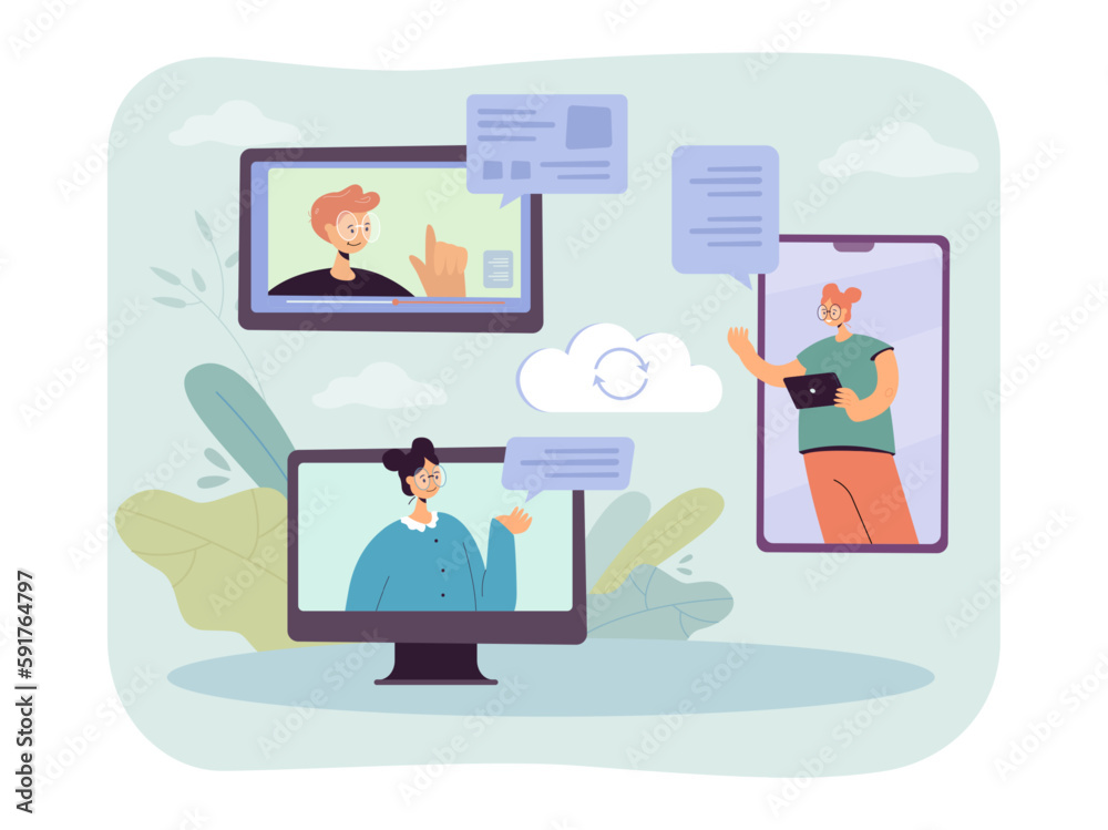 Happy enterprise workers communicating via different devices. Tablet, smartphone and computer screens with colleagues on video call vector illustration. Communication, teamwork or cooperation concept Happy enterprise workers communicating via different devices. Tablet, smartphone and computer screens with colleagues on video call vector illustration. Communication, teamwork or cooperation concept