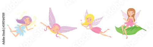Little Fairy or Pixie with Wings with Magic Wand Vector Illustration Set