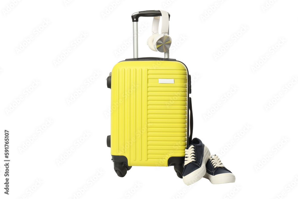 Travel and vacation, composition with suitcase, isolated on white background Travel and vacation, composition with suitcase, isolated on white background